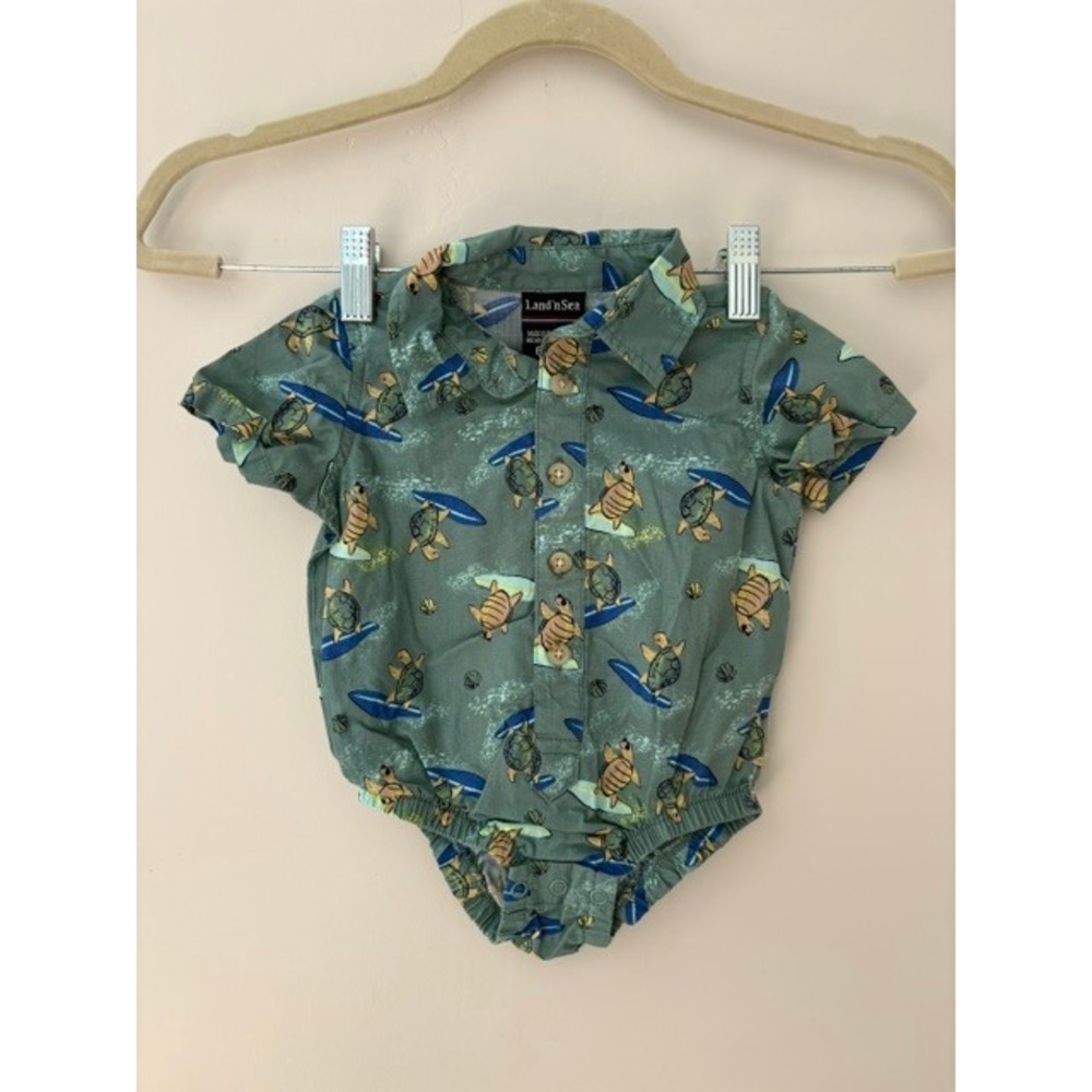 Land'n Sea Baby Boy Surfing Turtle Romper Sage Green 6-9 Months Short Sleeve